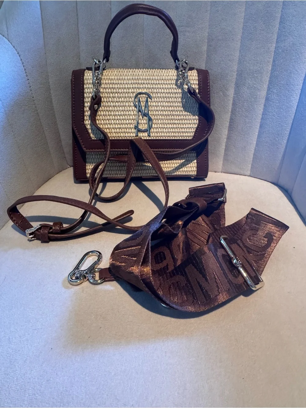 Steve Madden Cream Woven Satchel with Brown Trim